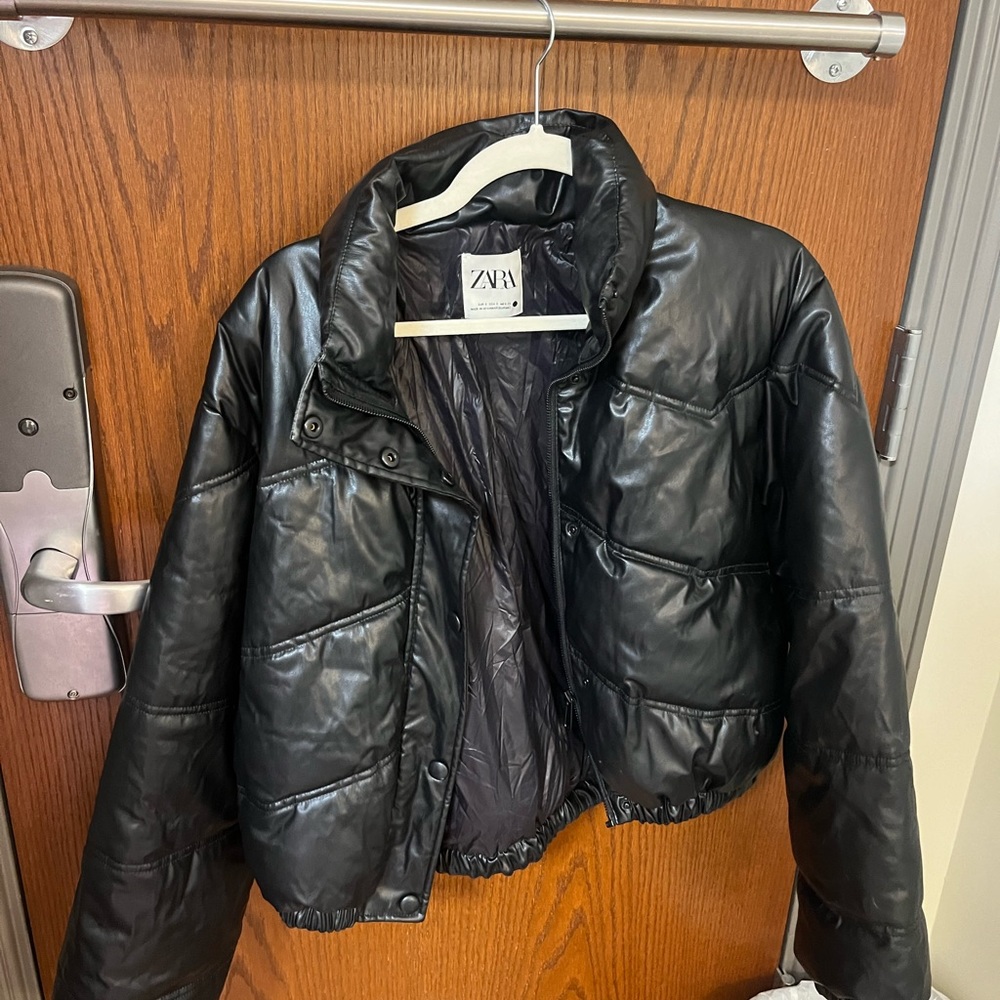 Zara Faux Leather Puffer Black Jacket